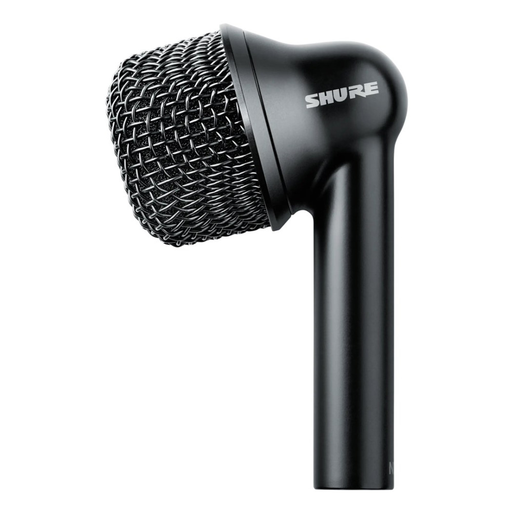 Czarny mikrofon z logo Shure i srebrną metalową kratką.
