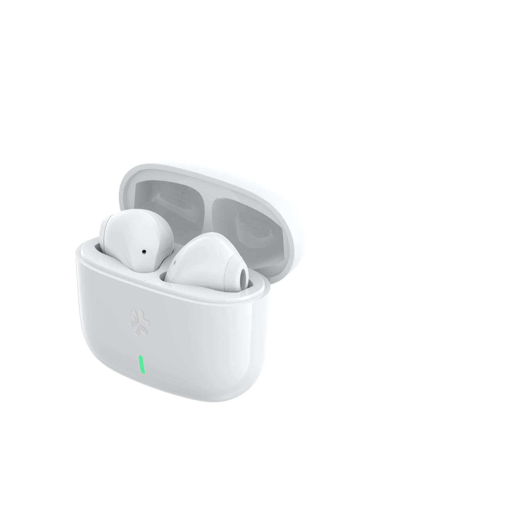 Auricolari wireless bianchi in una custodia di ricarica aperta con luce verde.