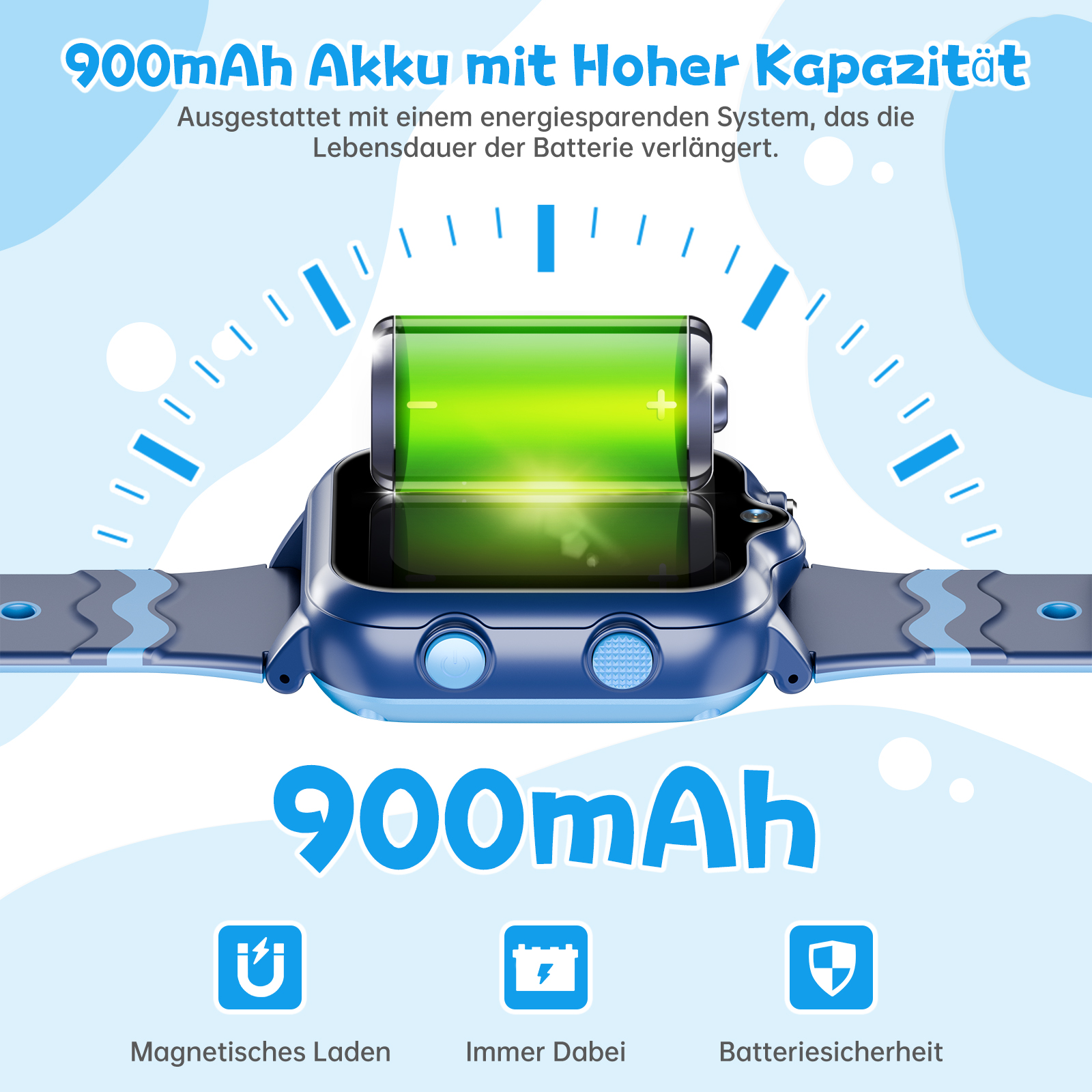 Blaue Smartwatch mit grünem Akkusymbol, zeigt 900mAh Kapazität.
