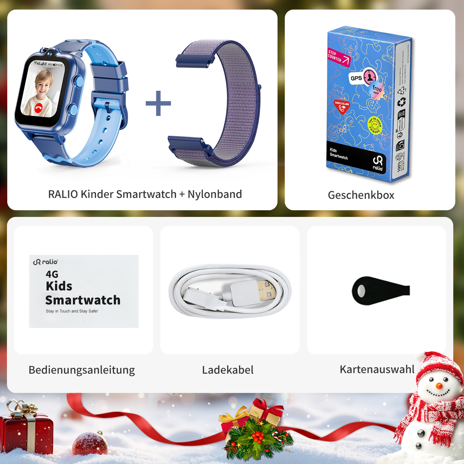 Kinder-Smartwatch mit blauem Band, Ladekabel, Geschenkbox und Anleitung.