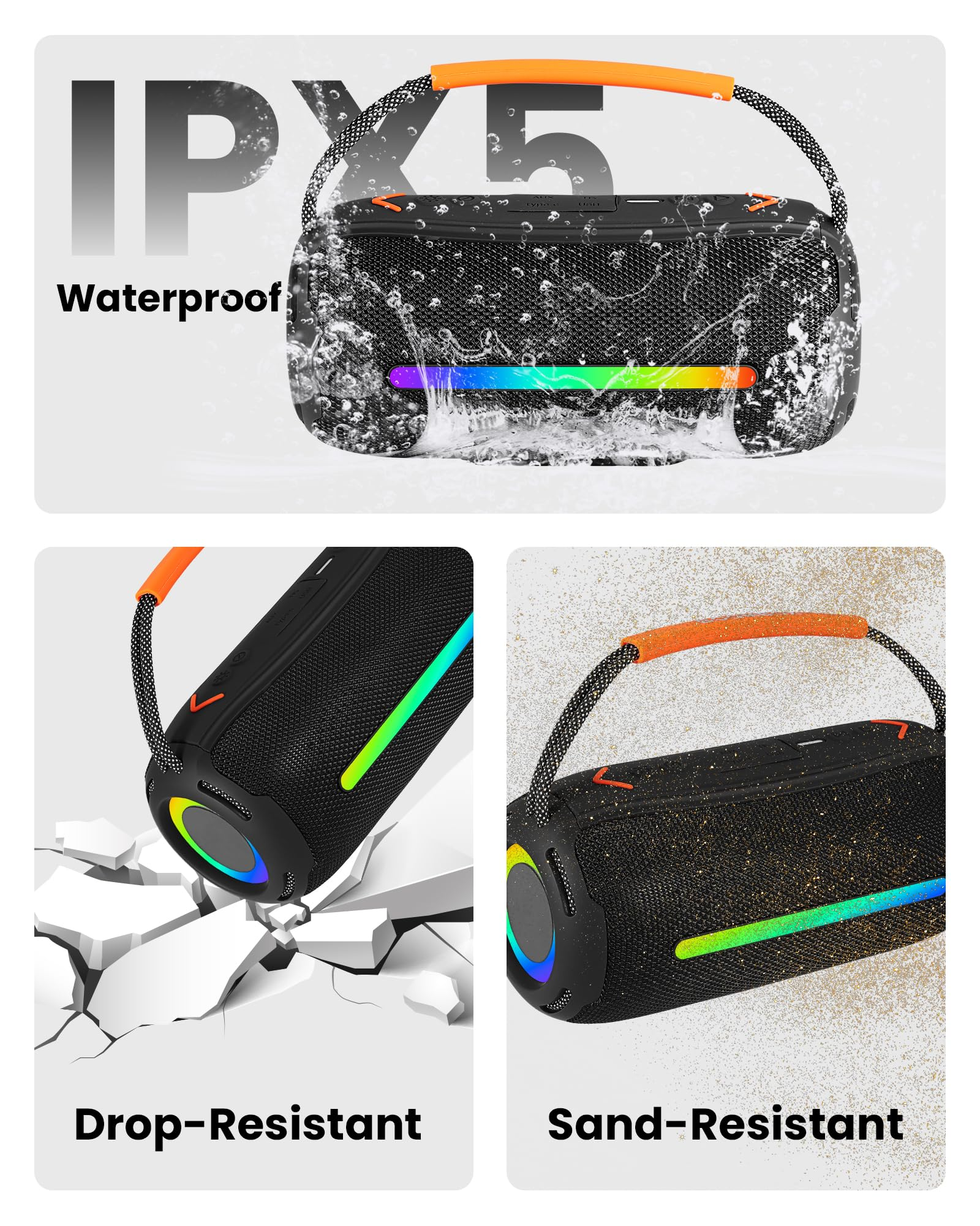Wasserdichter, stoßfester und sandfester Lautsprecher mit Regenbogen-LEDs.