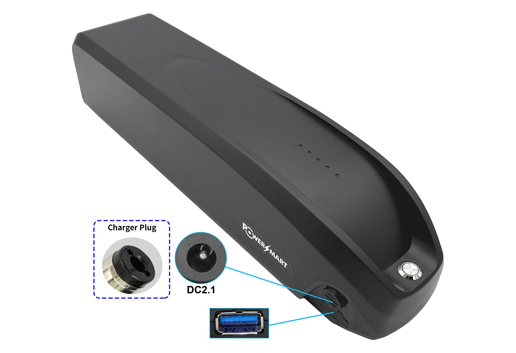 Schwarzer E-Bike-Akku mit Ladeanschluss und USB-Buchse.