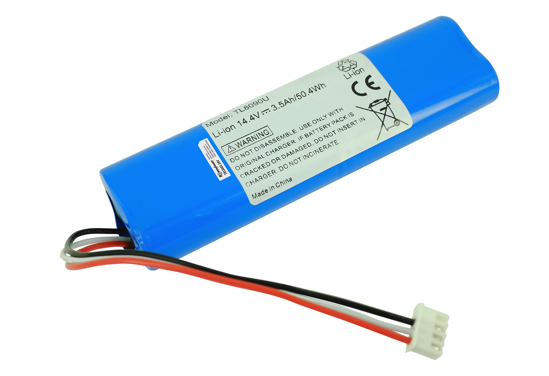 Blauer Li-Ion Akku, 14.4V, mit Kabeln und Stecker, auf weißem Hintergrund.
