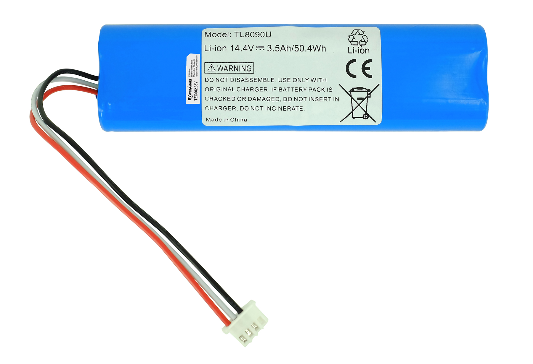 Blauer Li-Ionen-Akku TL8090U mit Kabeln und Warnhinweisen.