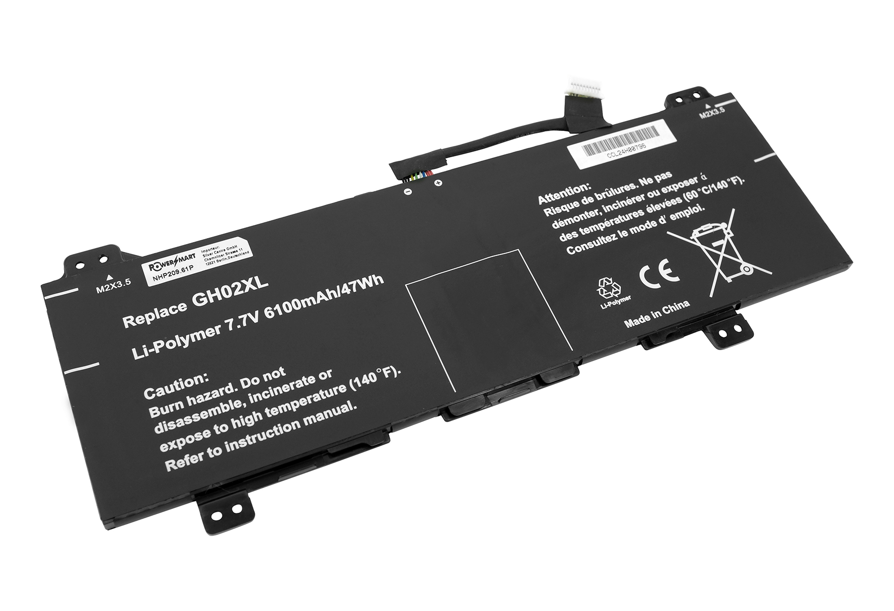 Schwarzer Laptop-Akku mit Aufschriften: GH02XL, 7.7V, 6100mAh, Made in China.