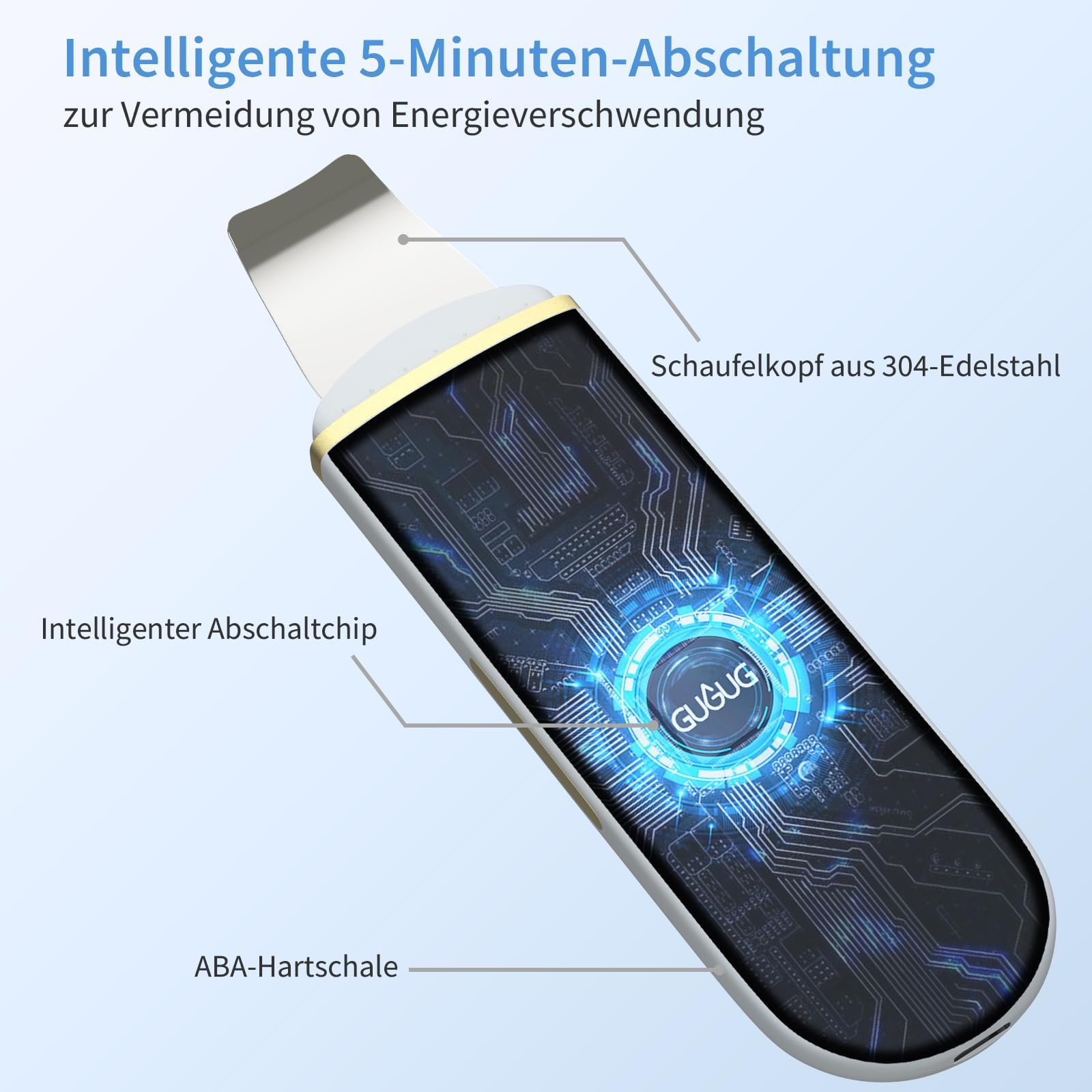 Ein weiß-goldenes Gesichtsreinigungsgerät mit Edelstahlspitze, zeigt Leiterplattendesign.
