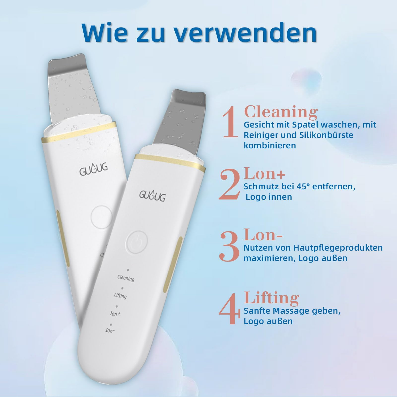 Zwei weiße Hautpflegegeräte mit Metallspitzen, Anleitung daneben.