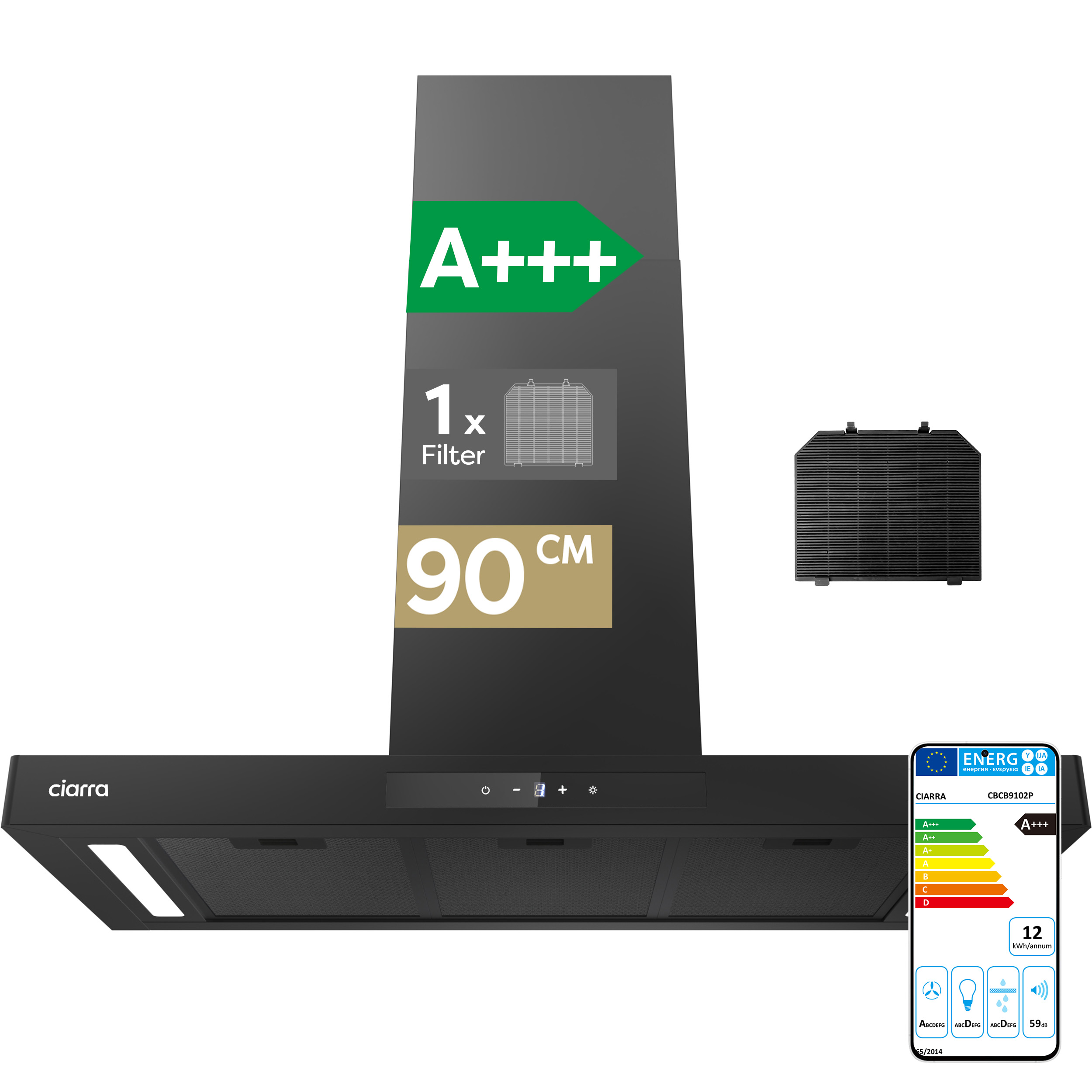 Cappa aspirante nera da 90cm con efficienza energetica A+++ e filtro.