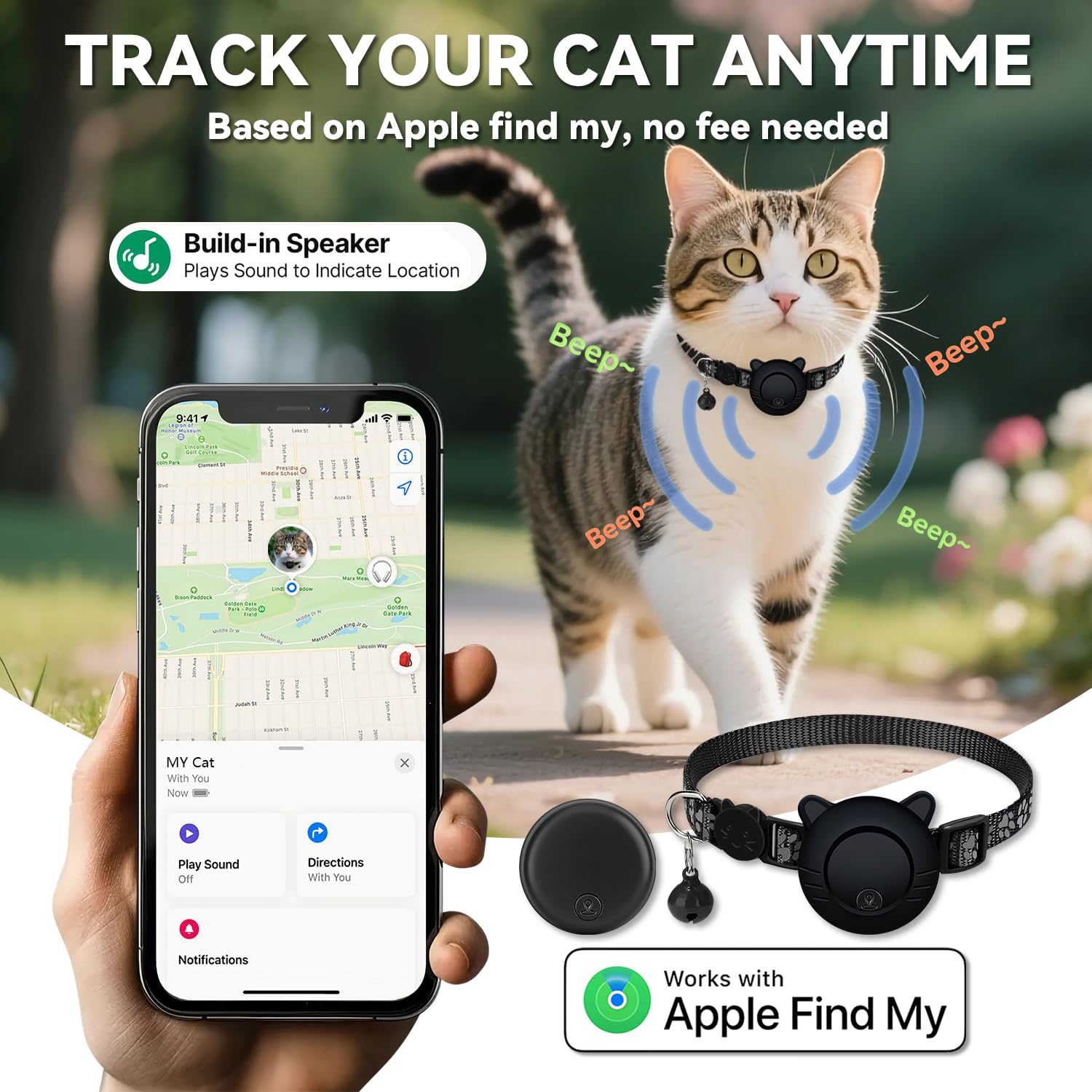 Eine Katze mit einem Tracker-Halsband und einem Telefon, das eine Karte anzeigt.