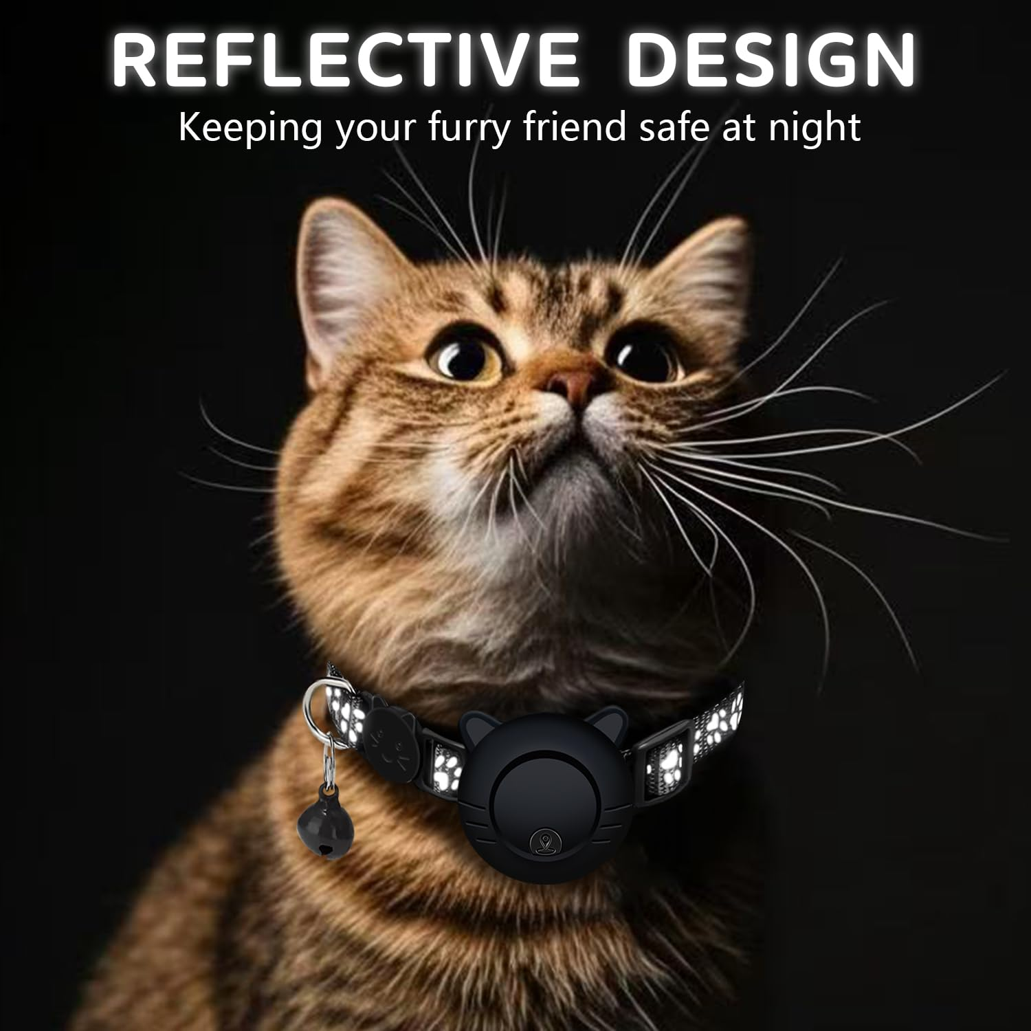 Eine Katze trägt ein schwarzes Halsband mit reflektierenden Pfotenabdrücken und einem Anhänger.