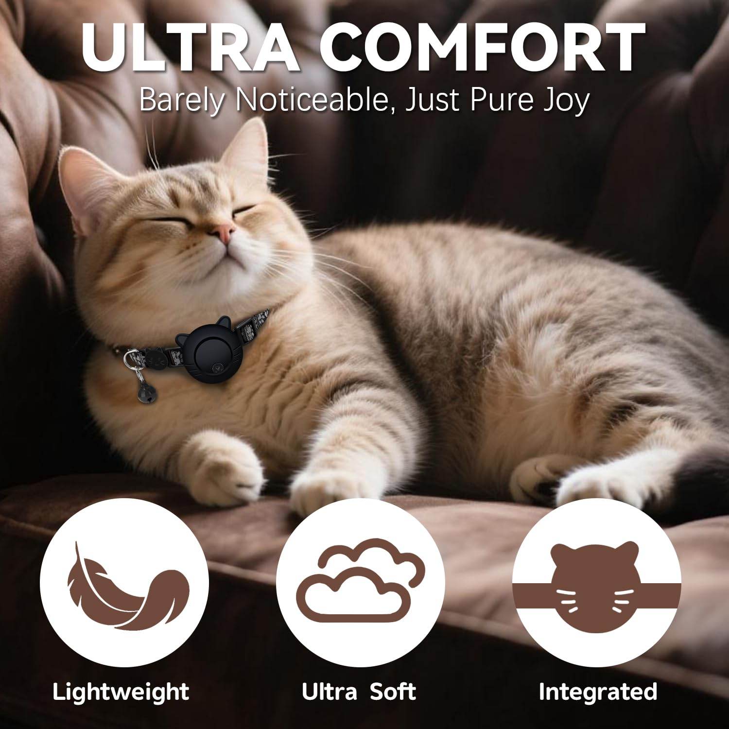Eine Katze liegt entspannt auf einem braunen Sofa mit einem Halsband.