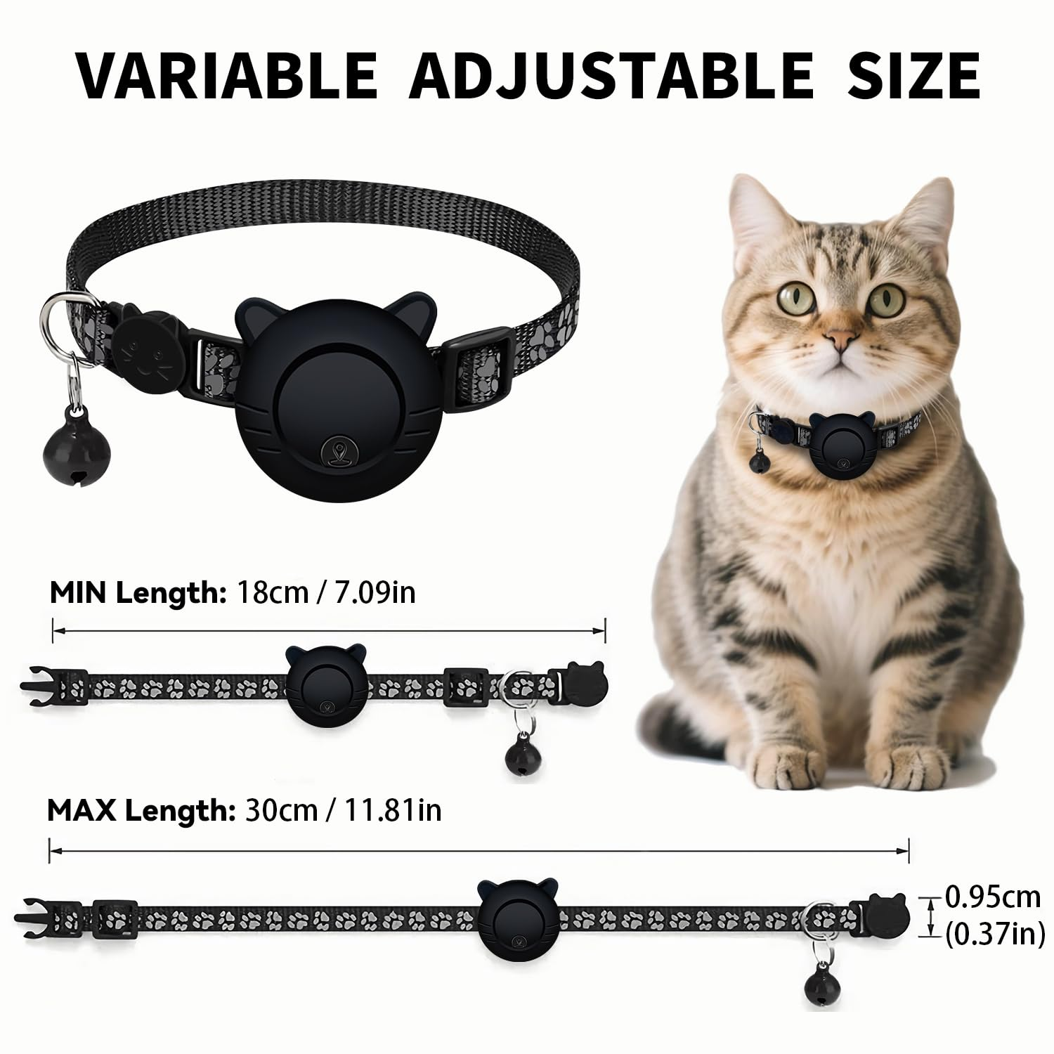 Katzenhalsband mit Katzengesicht-Schnalle und Glocke, Größenangaben.