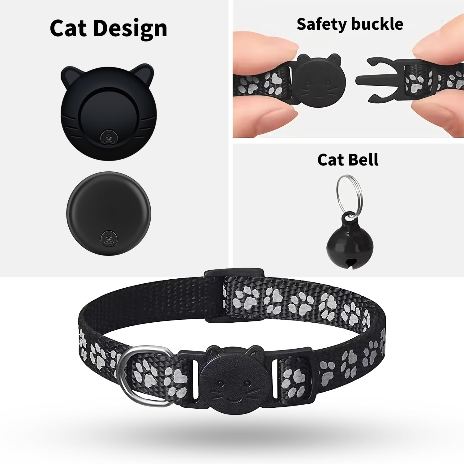 Schwarzes Katzenhalsband mit Pfotenabdrücken, Sicherheitsverschluss, Glocke und GPS-Tracker-Design.
