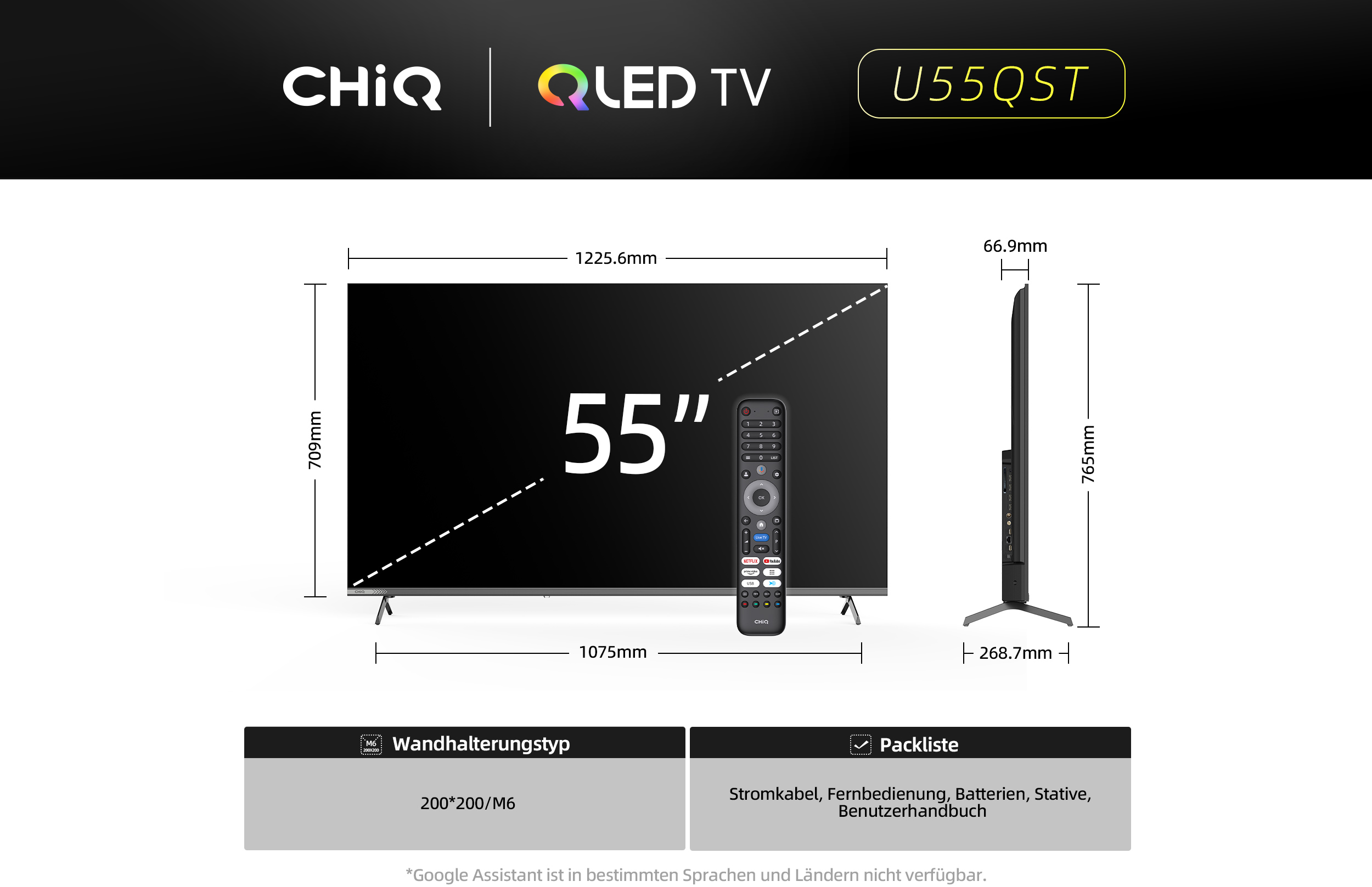 Telewizor CHIQ QLED 55 cali z pilotem, wymiarami i informacjami o montażu.