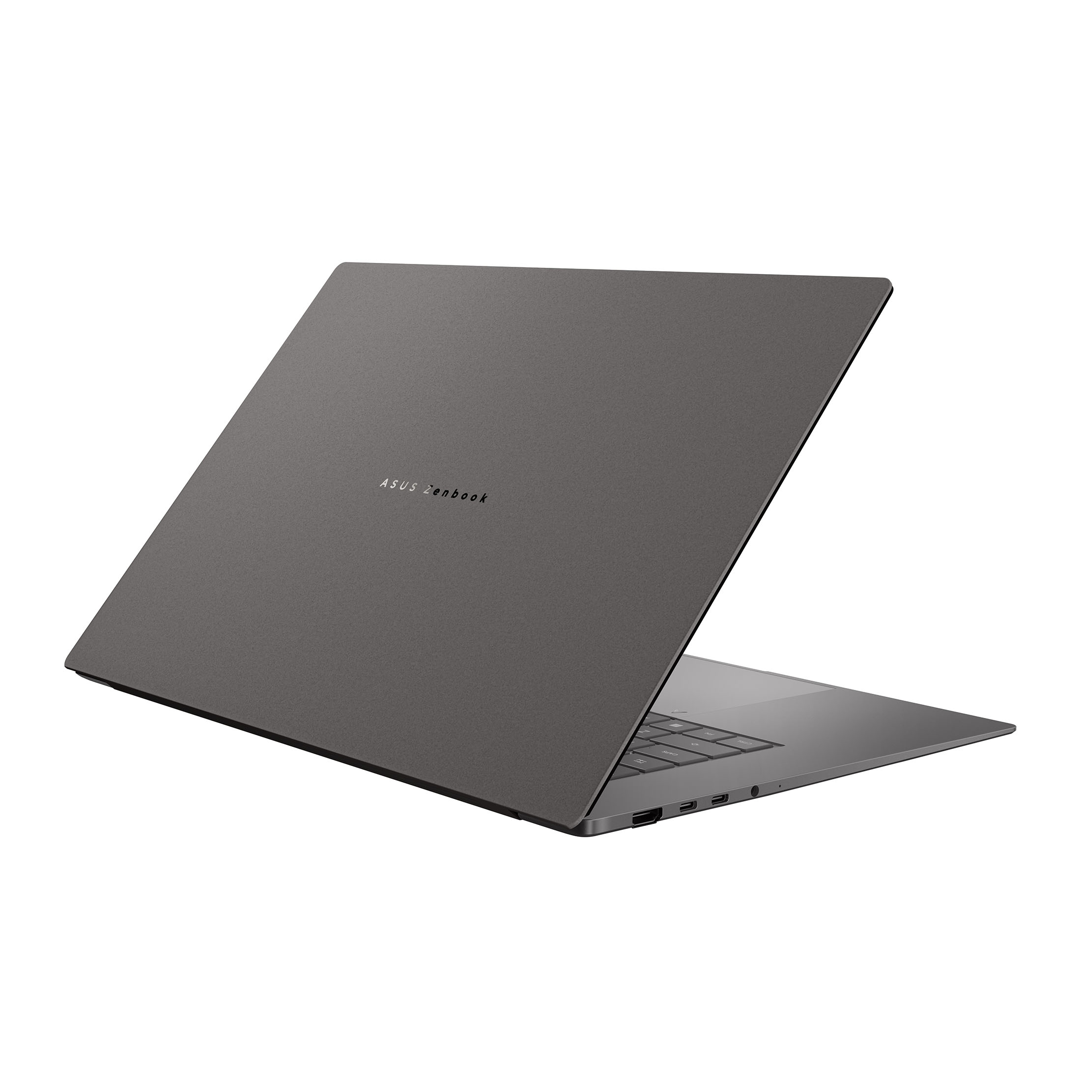 Ein graues Asus Zenbook Laptop, von hinten oben gesehen, mit geöffnetem Deckel.