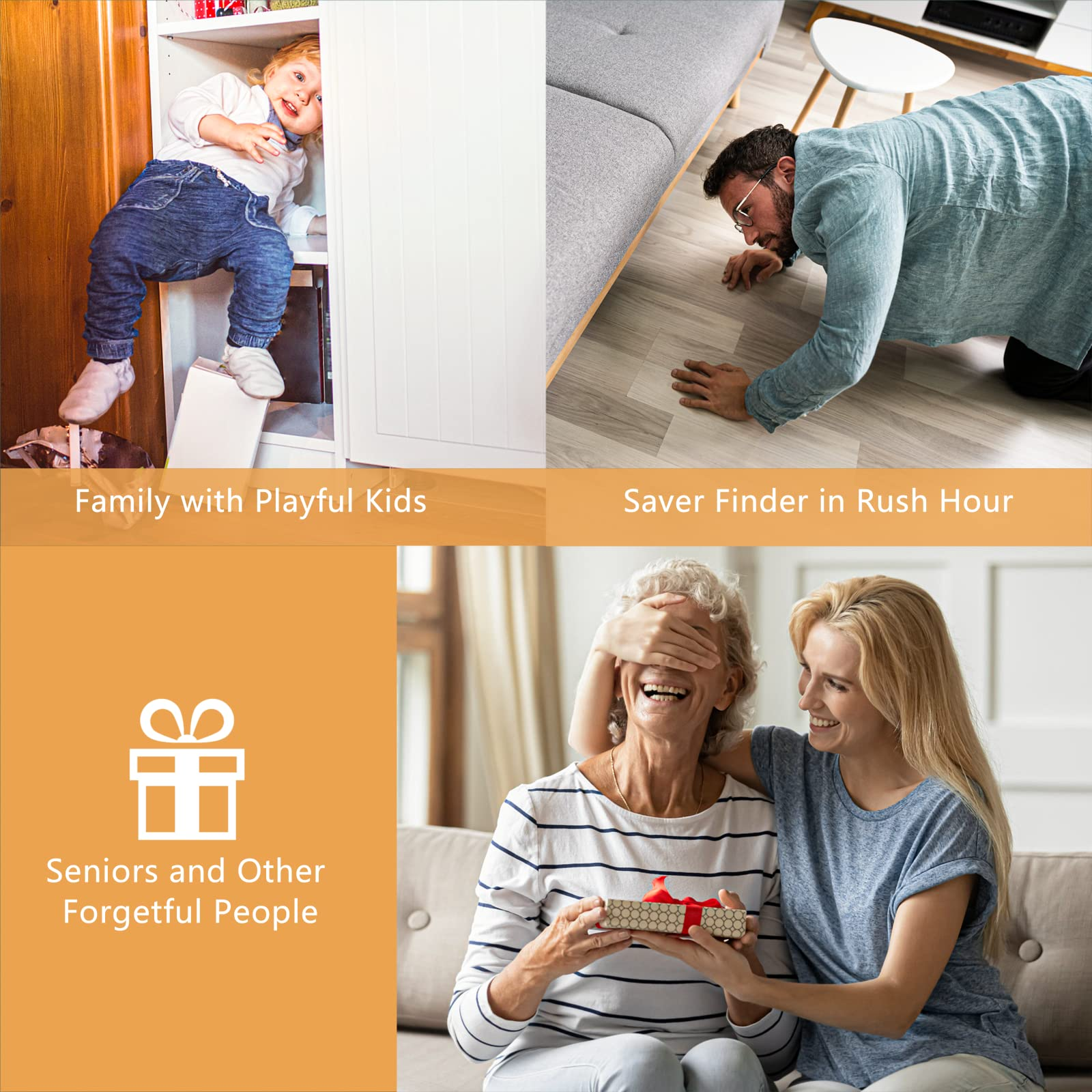 Geteilte Bilder: Kind im Regal, Mann sucht Boden, Geschenk-Symbol, Überraschungsgeschenk für Ältere.