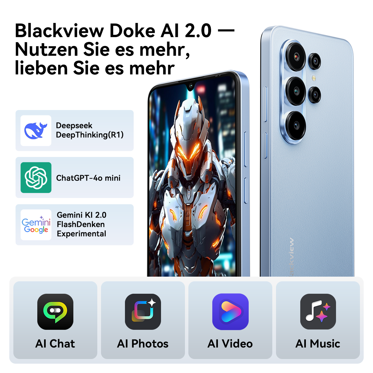 Ein hellblaues Smartphone mit KI-Funktionen und App-Symbolen.