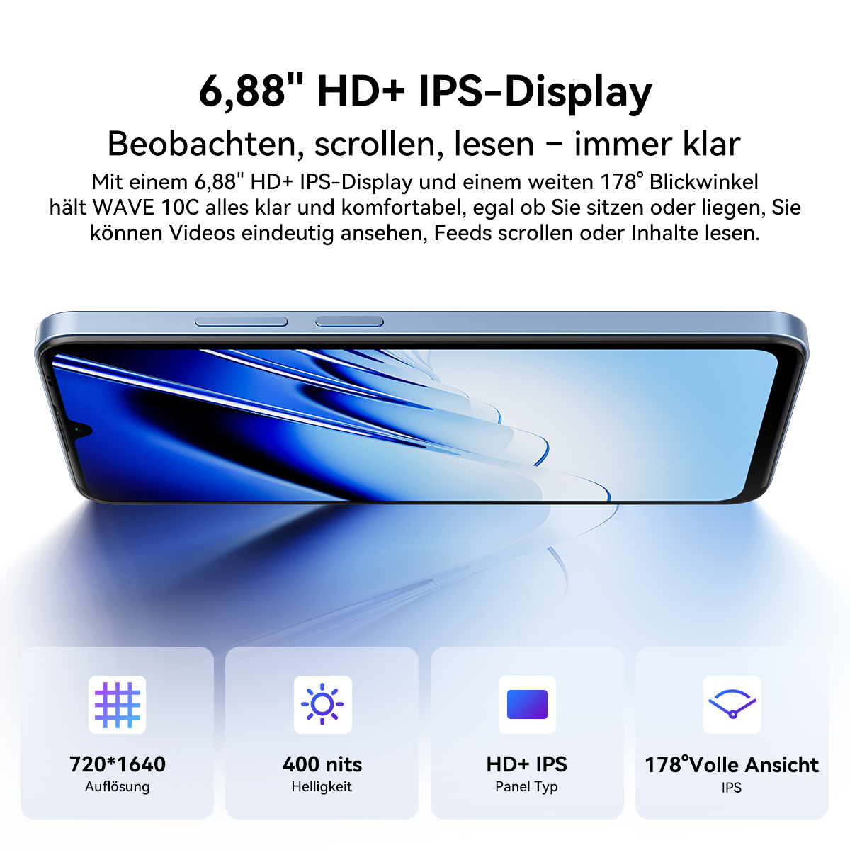 Ein hellblaues Smartphone mit einem 6,88-Zoll-HD+-IPS-Display, das 720x1640 Pixel und 400 Nits hat.