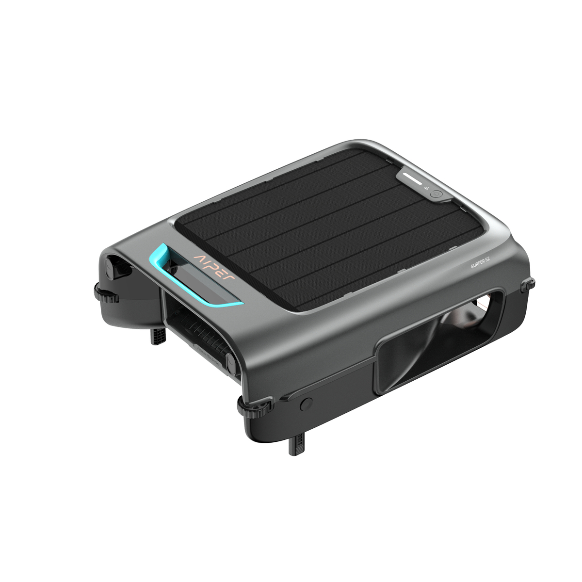 Grauer Poolroboter mit Solarpanel und blauer Akzentbeleuchtung.