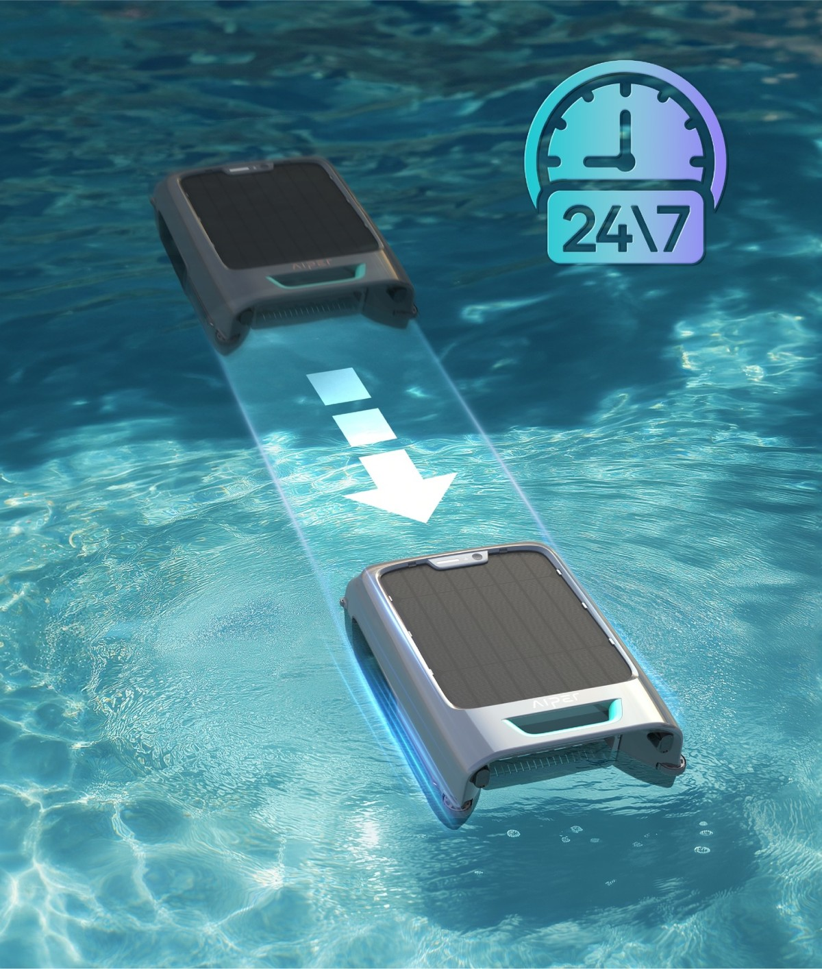 Ein Poolreiniger schwimmt im Wasser, mit einem 24/7-Symbol.