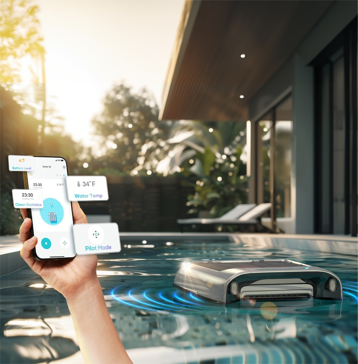 Ein Smartphone zeigt Pool-Daten an, während ein Poolroboter im Wasser schwimmt.
