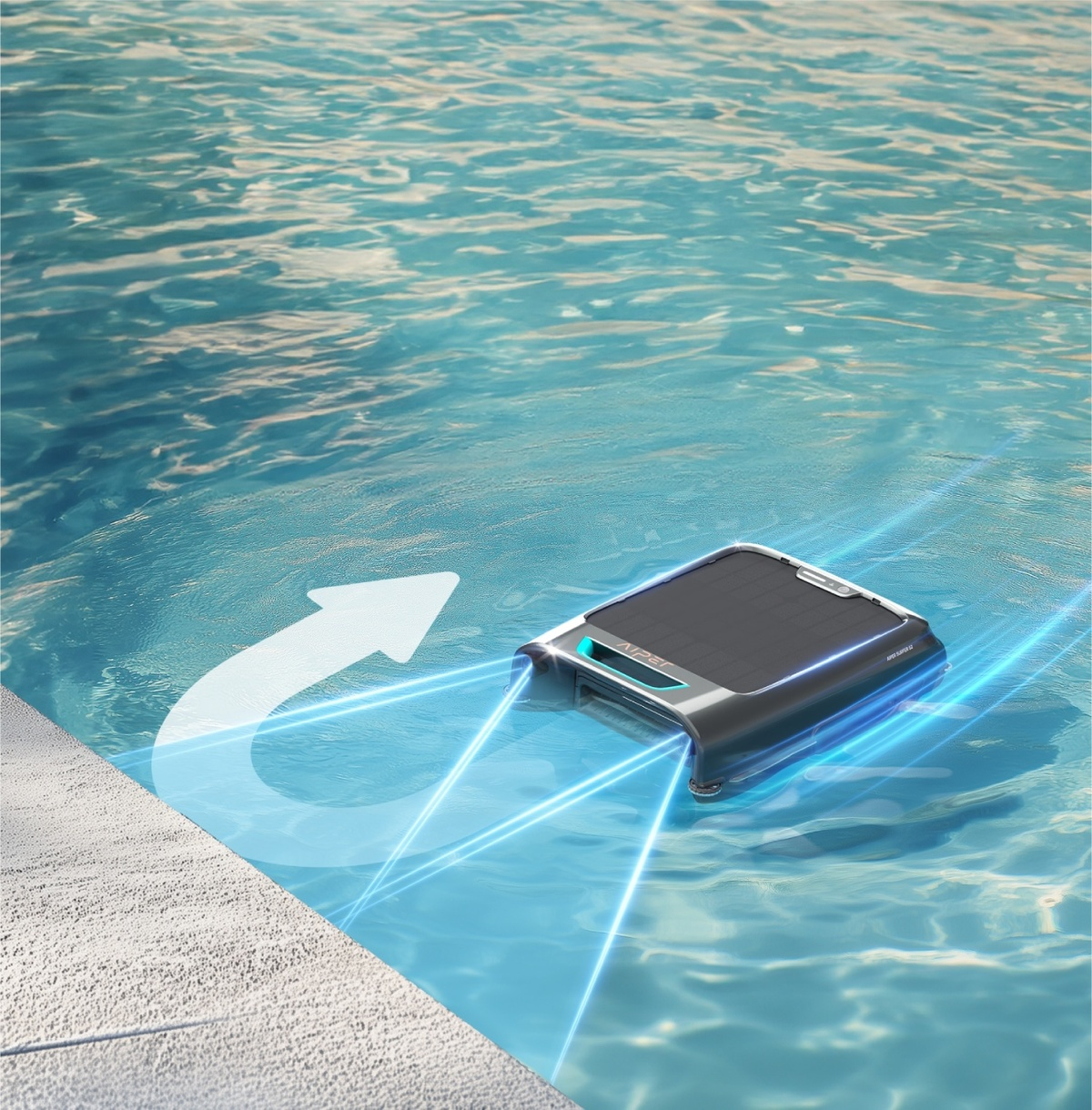 Ein Poolreiniger mit Solarpanel schwimmt im blauen Wasser und sendet blaue Strahlen aus.