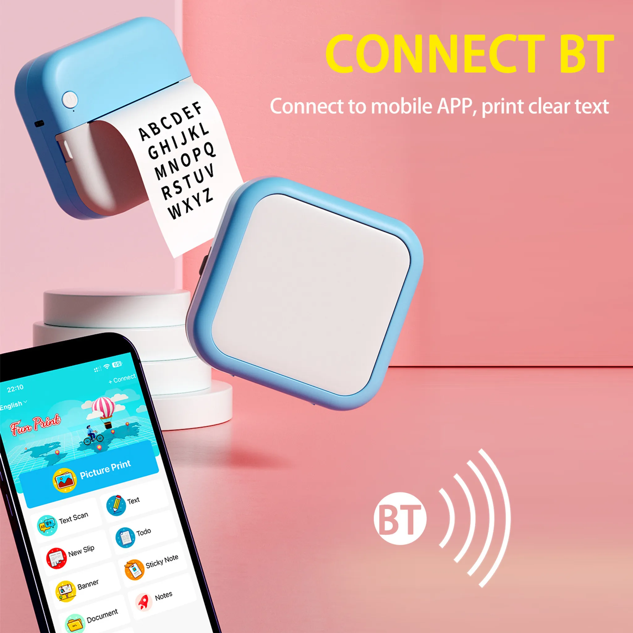Ein blauer Drucker druckt Text, daneben ein Smartphone mit App.