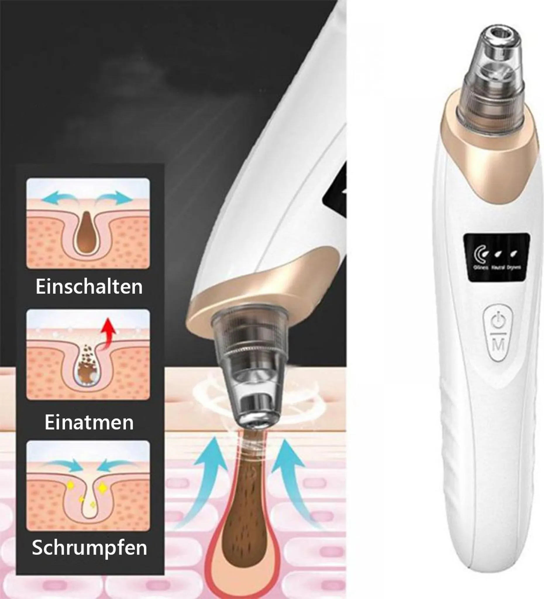 Ein Hautreiniger mit Anleitungsdiagramm, das Porensaugung zeigt.
