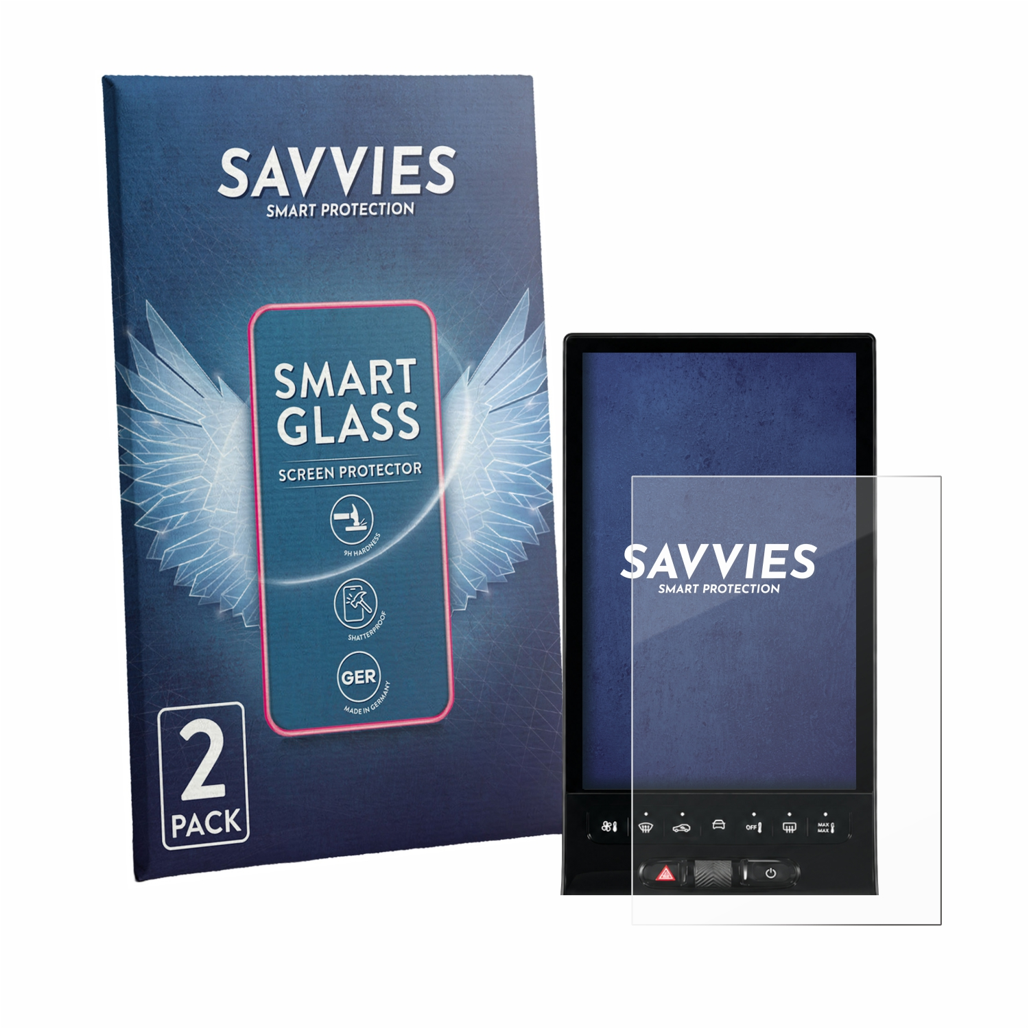 Savvies Smart Glass Displayschutzfolie, 2er Pack, neben einem Auto-Touchscreen.