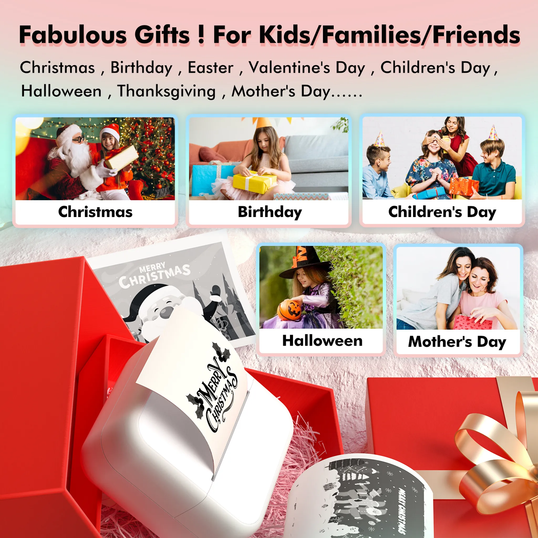 Collage zeigt Geschenke für verschiedene Feiertage: Weihnachten, Geburtstag, Kindertag, Halloween, Muttertag.