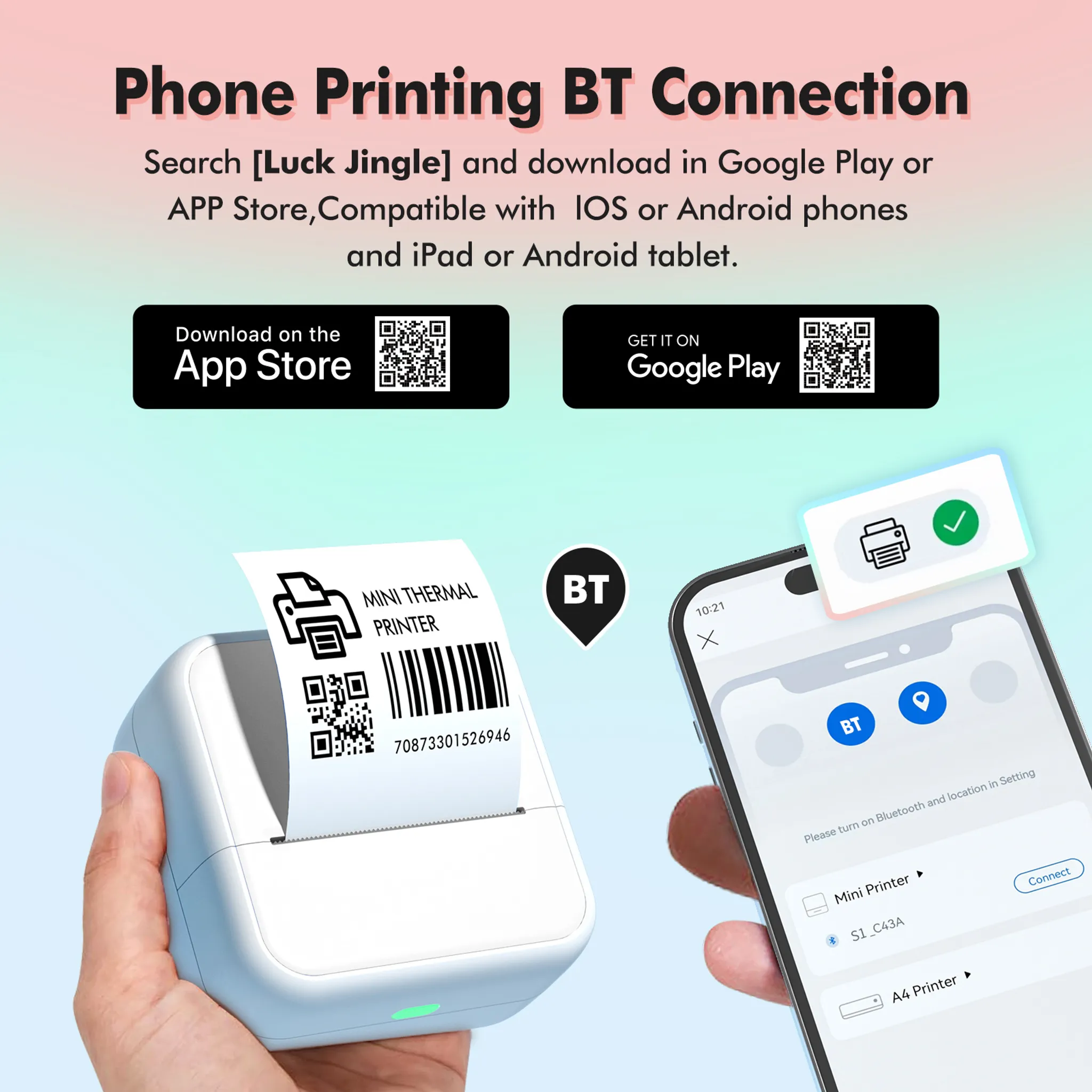 Ein Handy verbindet sich per Bluetooth mit einem Mini-Drucker, der ein Etikett druckt.