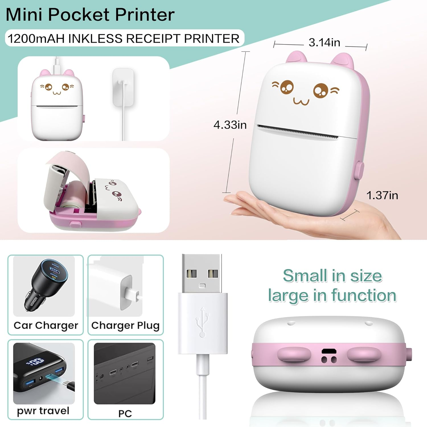 Mini-Drucker mit Kawaii-Katzen-Design, zeigt Maße und Ladeoptionen wie Auto-Ladegerät.