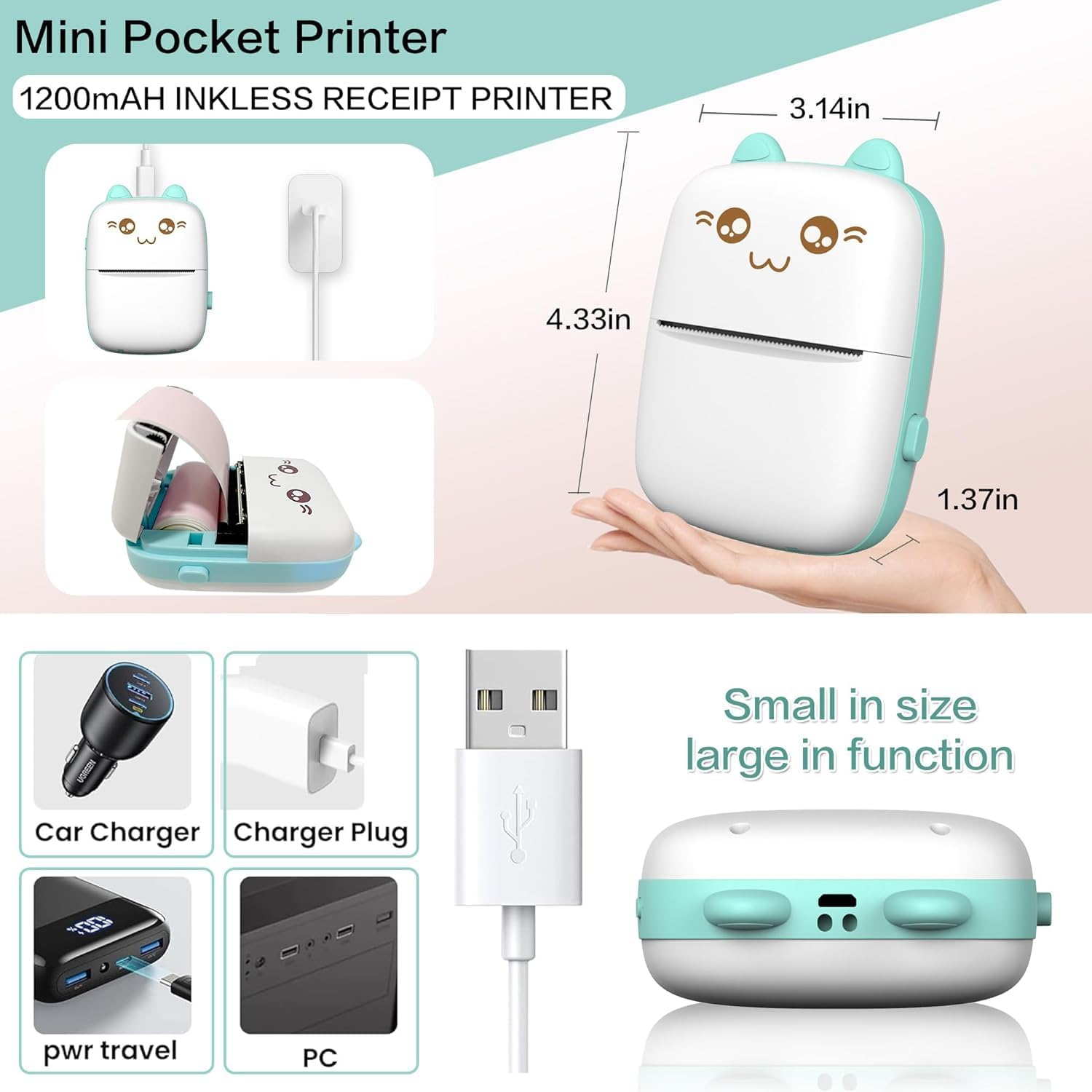 Mini-Drucker mit niedlichem Katzengesicht, mit Maßen und Zubehör wie Ladegeräten.