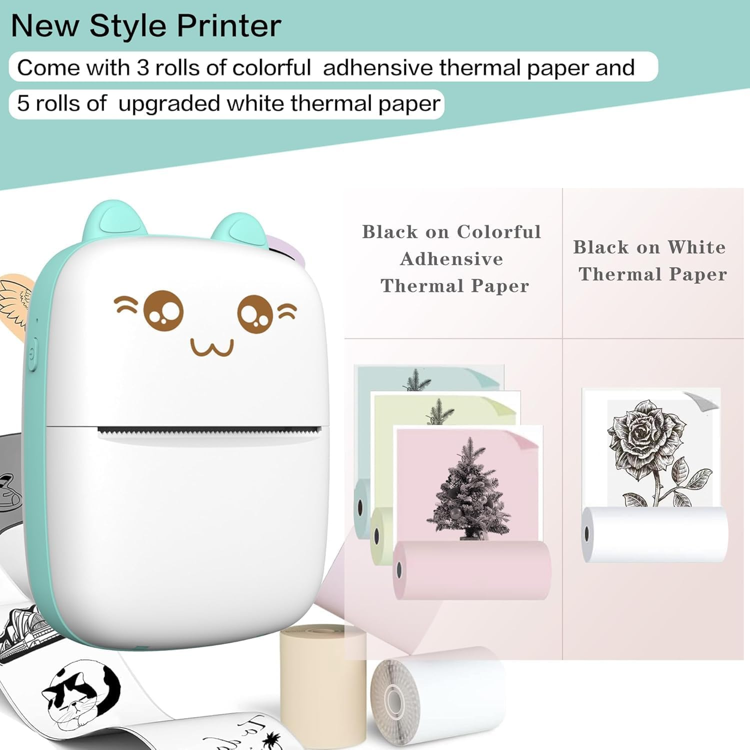 Ein tragbarer Drucker mit Katzenmotiv, der bunte und weiße Papierrollen druckt.