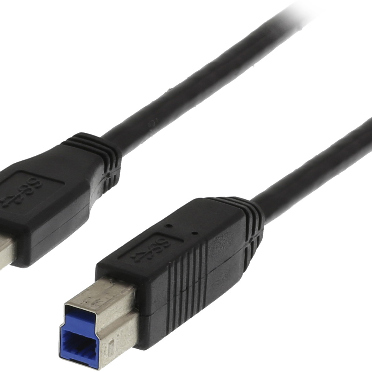 Een zwarte USB-kabel met twee connectoren, één met blauwe inzet.