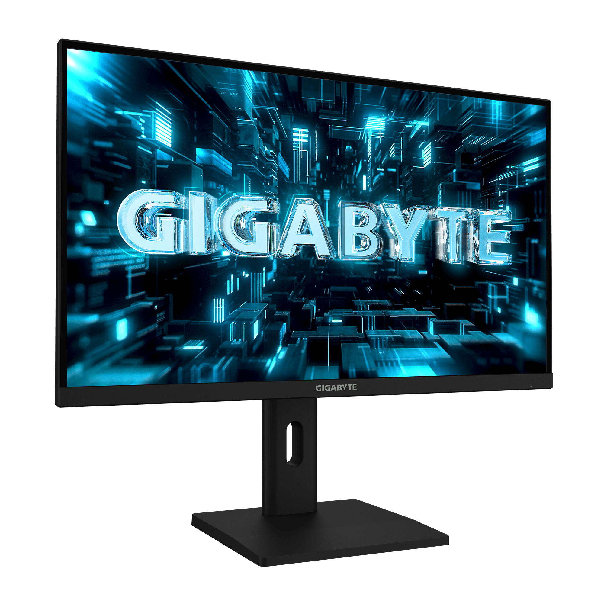 Un monitor negro con el logo de GIGABYTE y un fondo digital azul.