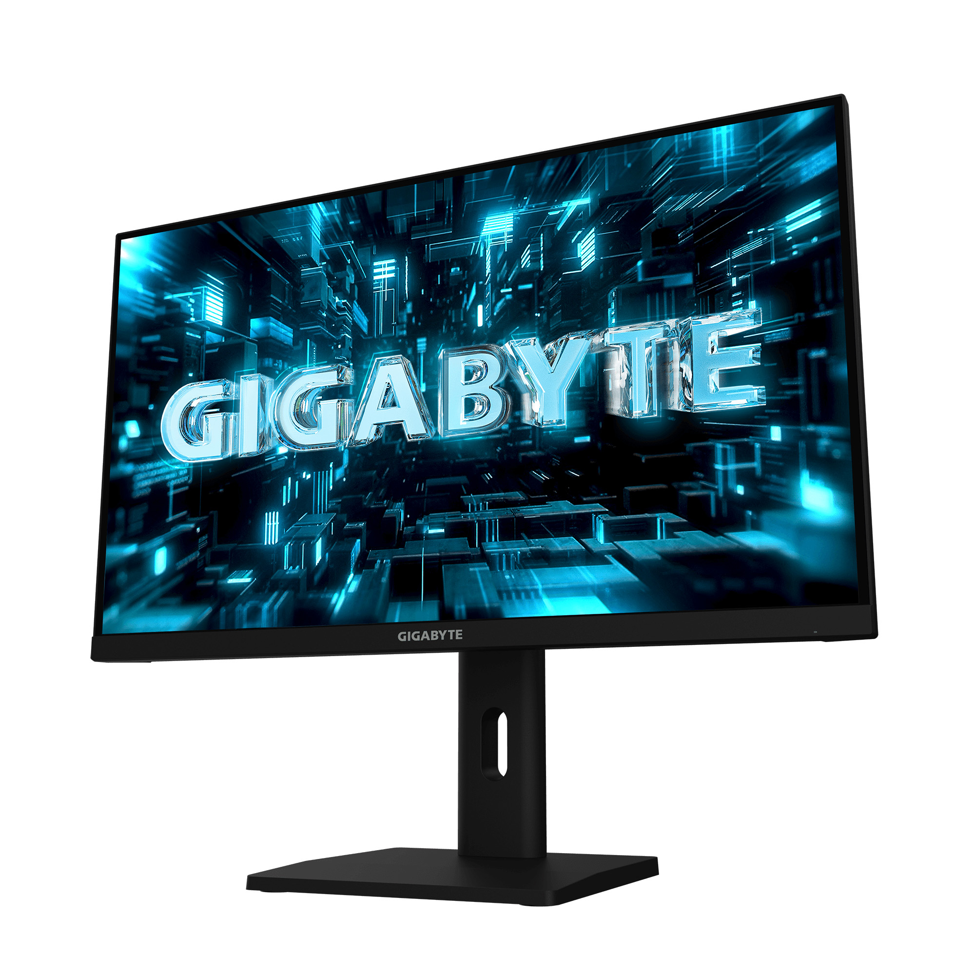 Un monitor negro con logo GIGABYTE y fondo azul futurista.