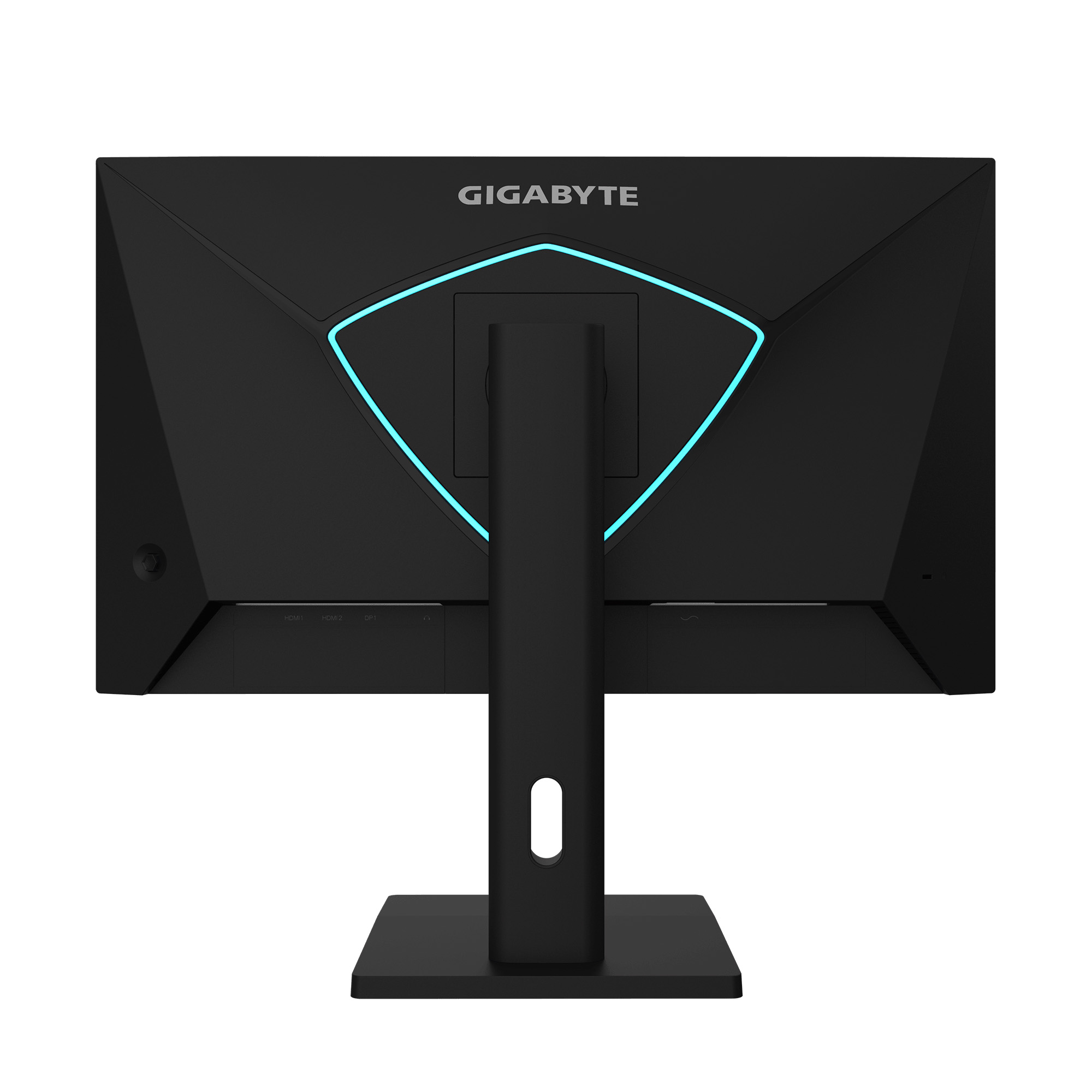 Parte trasera de un monitor Gigabyte negro con acento de luz azul y soporte.