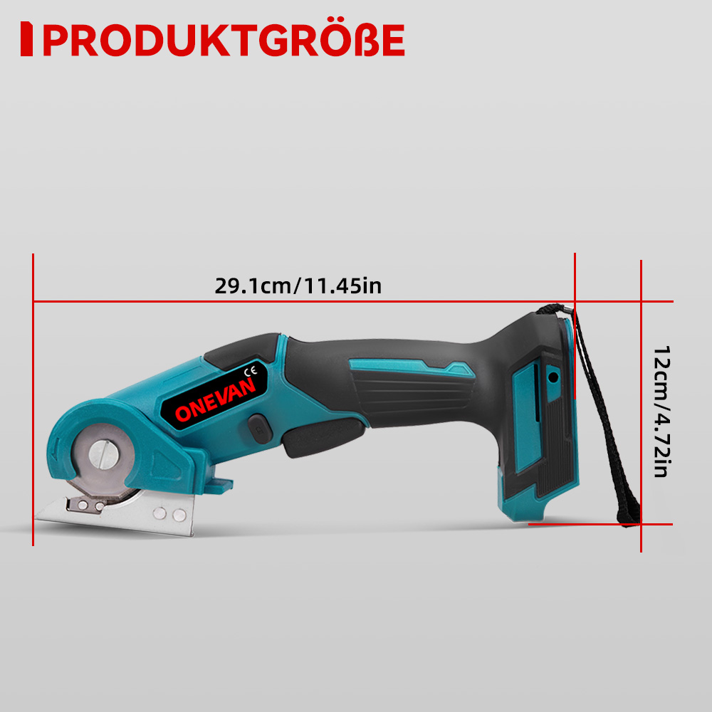 Ein türkisfarbener Akku-Schneider mit schwarzen Akzenten, 29,1cm lang, 12cm hoch.