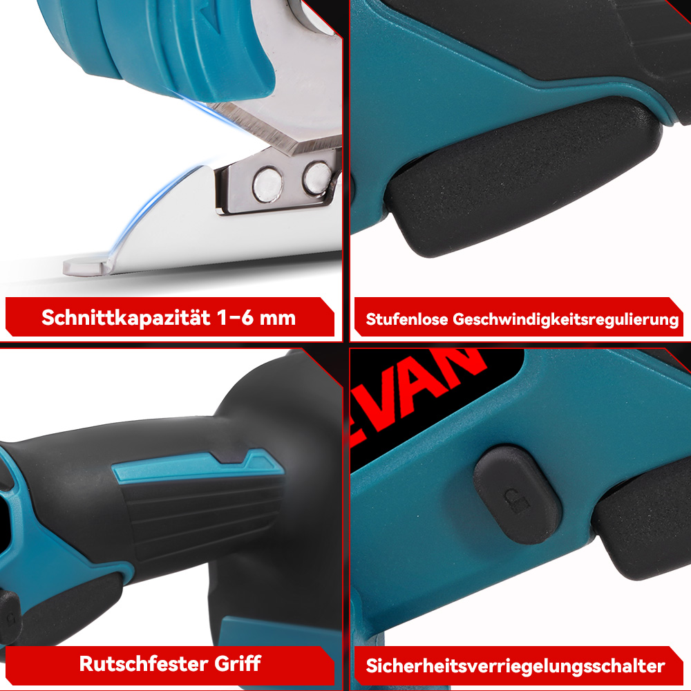 Vier Detailaufnahmen eines Werkzeugs: Klinge, Geschwindigkeit, Griff und Schalter.