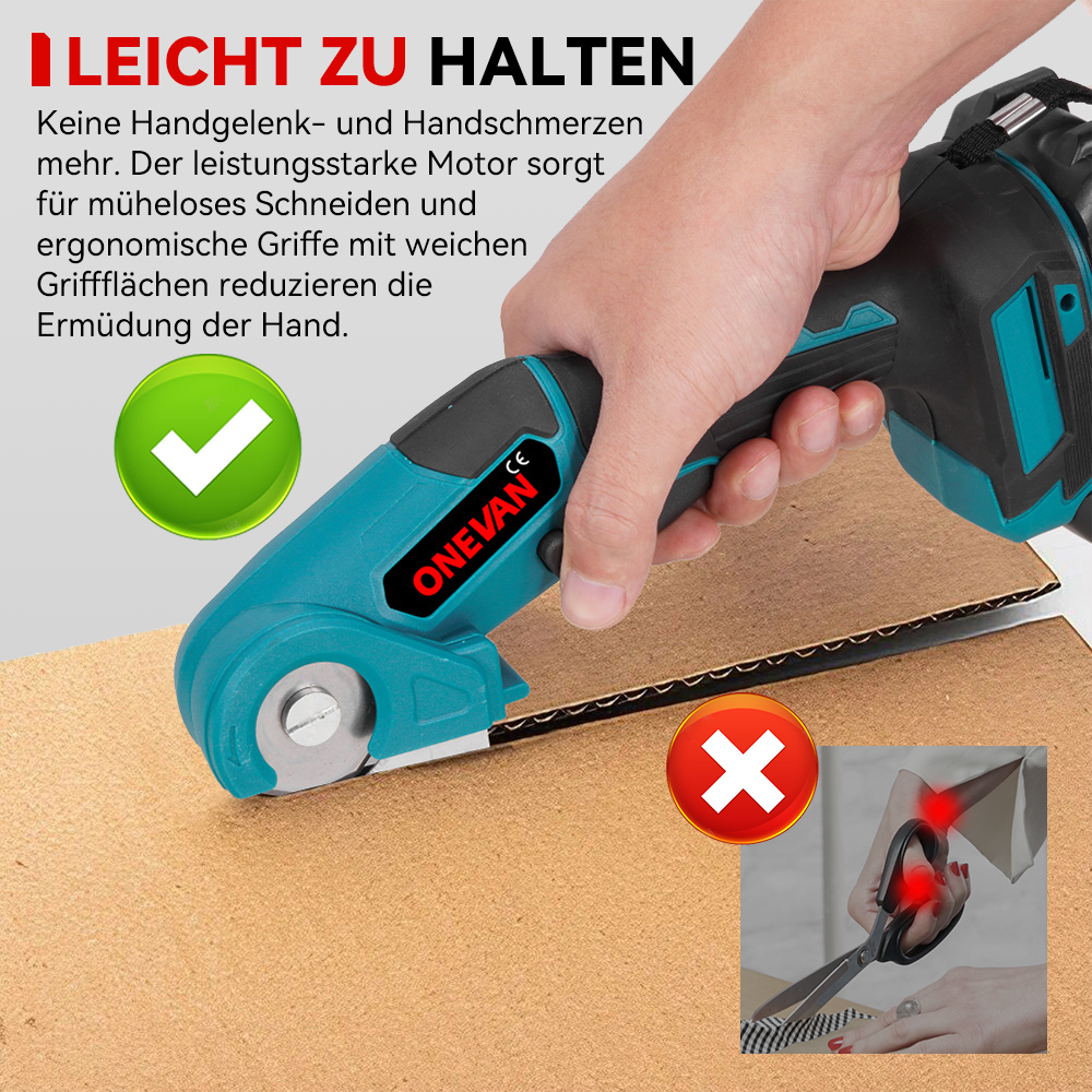 Eine Hand hält einen teal elektrischen Rollschneider, der Karton schneidet. Ein Häkchen und X-Symbol sind zu sehen.