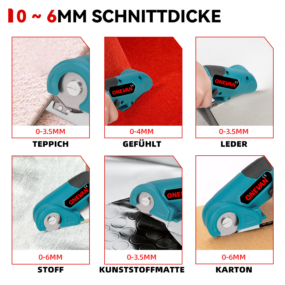 Elektrisches Schneidwerkzeug für verschiedene Materialien wie Teppich, Stoff und Leder.
