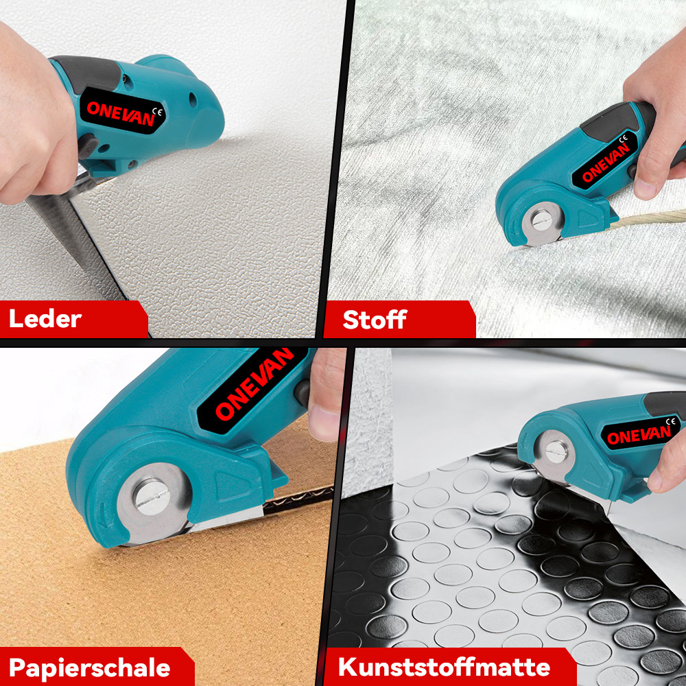 Vier Bilder zeigen einen blauen und schwarzen elektrischen Schneider, der Leder, Stoff, Pappe und eine Gummimatte schneidet.