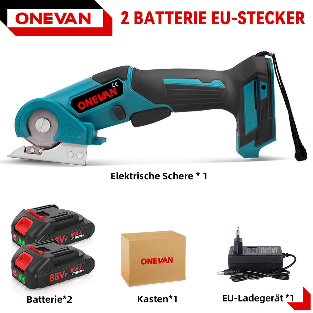 Elektrische Schere mit 2 Batterien, Kasten und Ladegerät.