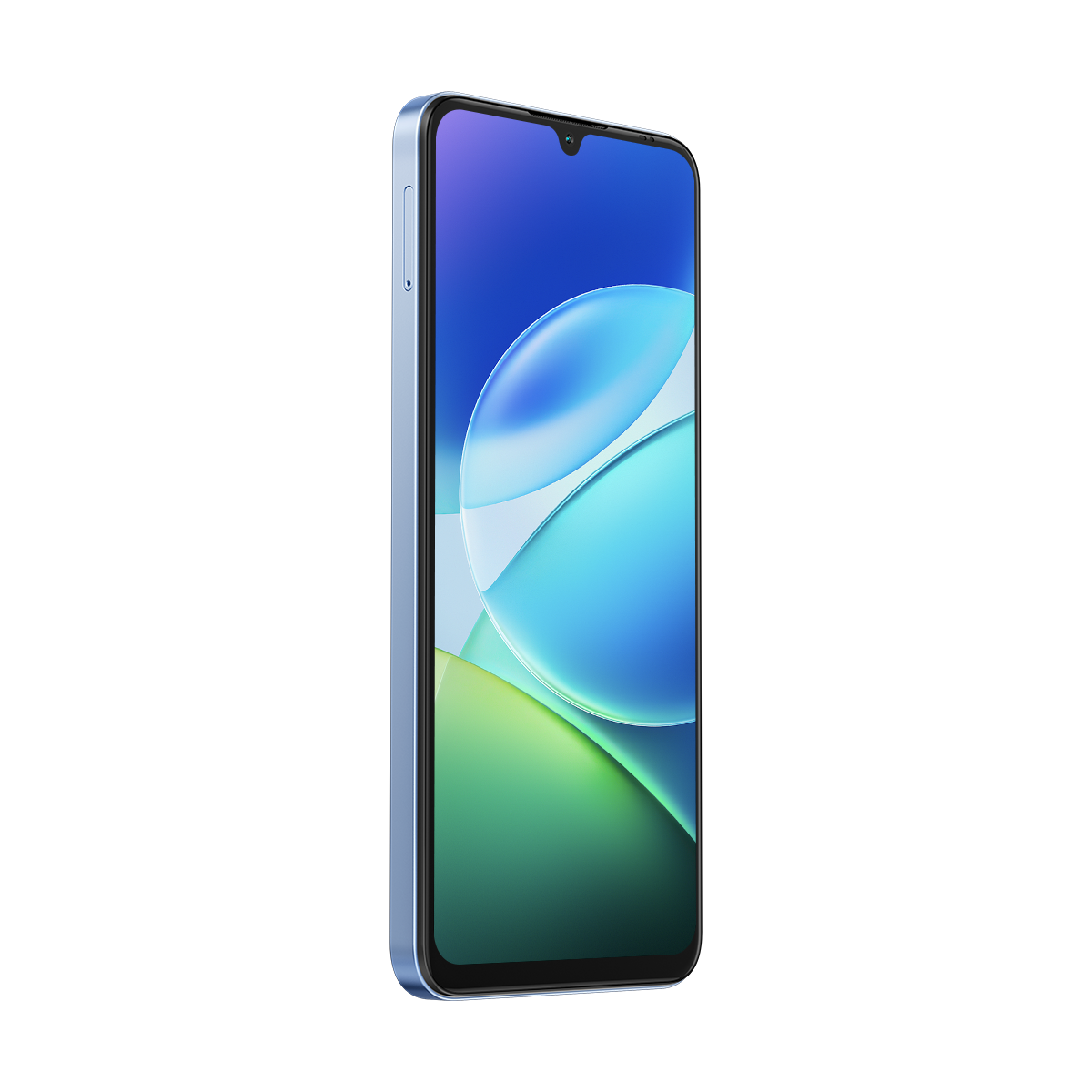 Ein hellblaues Smartphone mit einem tropfenförmigen Ausschnitt und einem abstrakten Hintergrund.
