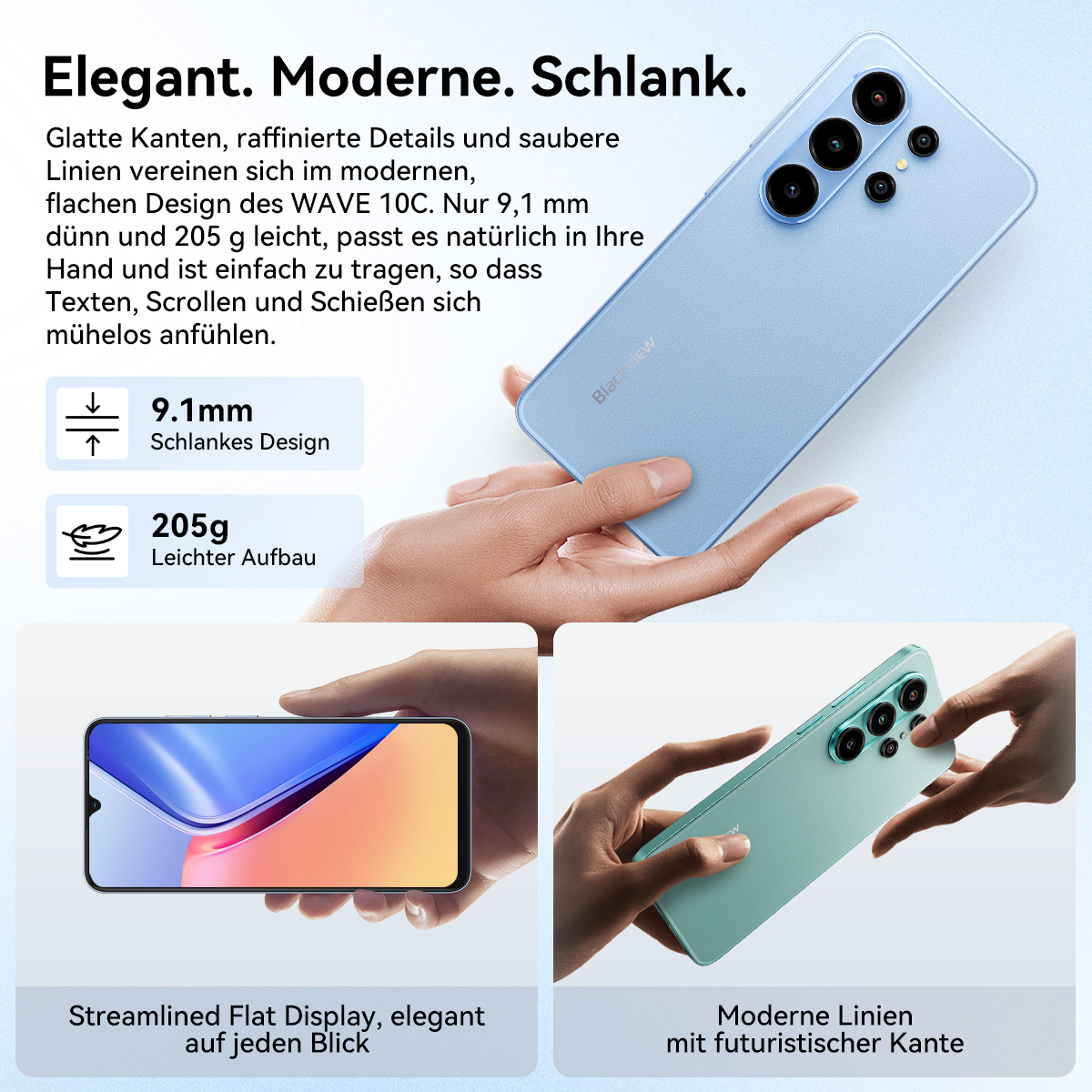 Ein hellblaues Smartphone wird von einer Hand gehalten, daneben Details zu Dicke und Gewicht.