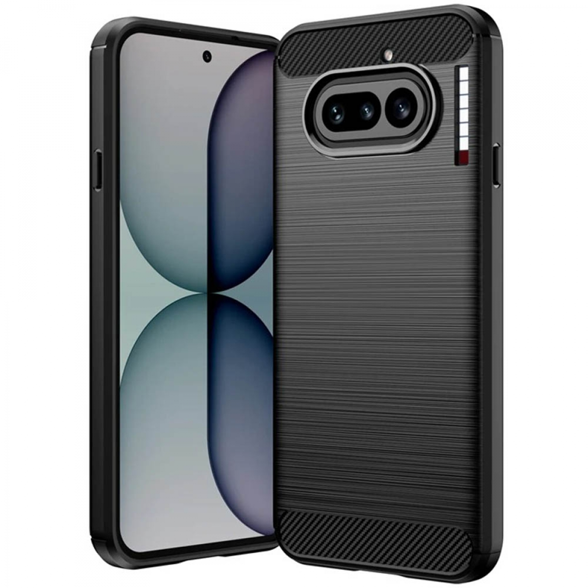 Schwarzes Handy mit Carbon-Textur und Kameralinse auf der Rückseite.