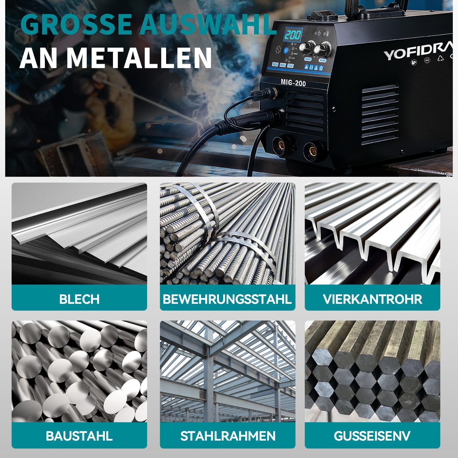 Eine Auswahl an Metallen: Blech, Bewehrungsstahl, Vierkantrohr, Baustahl, Stahlrahmen, Gusseisen.
