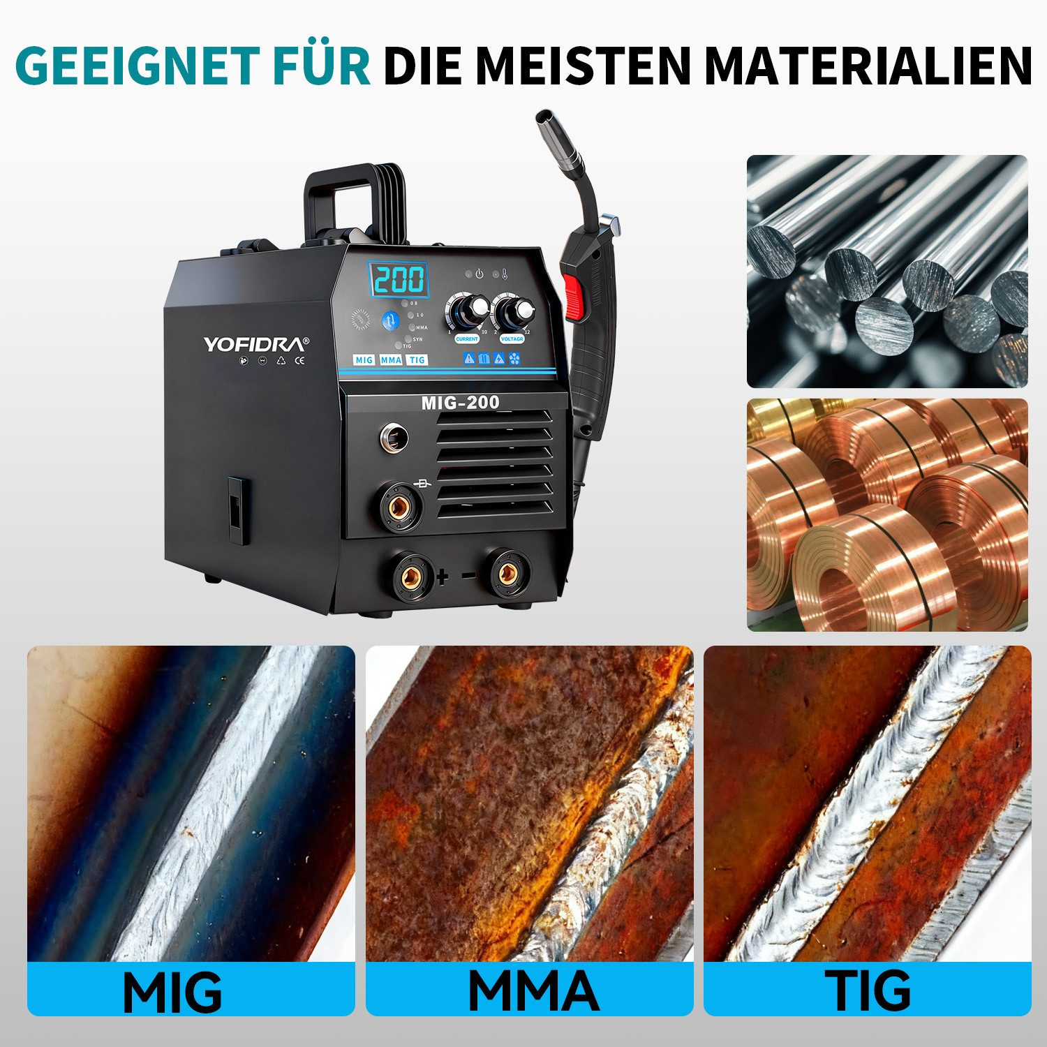 Schweißgerät mit MIG, MMA, TIG. Geeignet für viele Materialien.