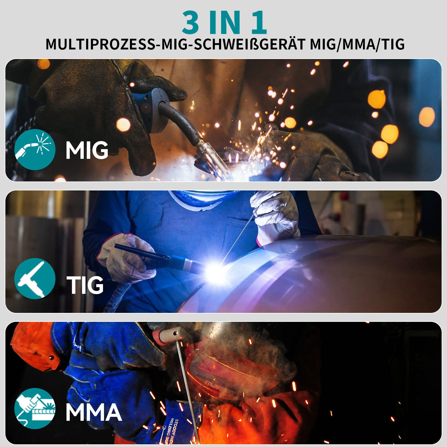 Drei Schweißverfahren: MIG, TIG und MMA mit Funkenflug.
